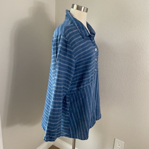 Habitat Womens Large Blue Striped 100% Linen Button Up Shirt Lagenlook Top - Picture 3 of 10